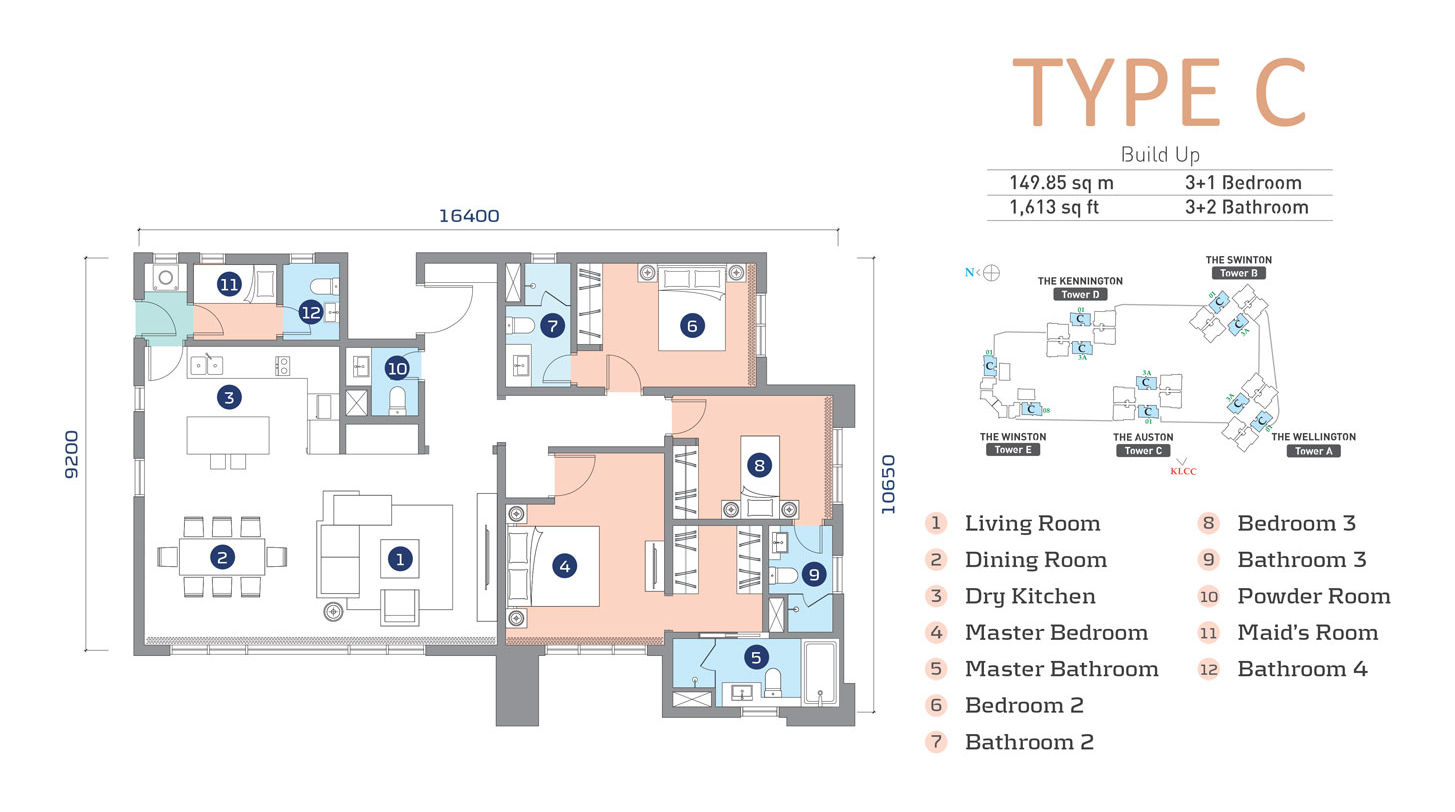 Cappella Embassy Type C floor plan — 1,613 sq ft, 3+1 bedroom, 3+2 bathroom